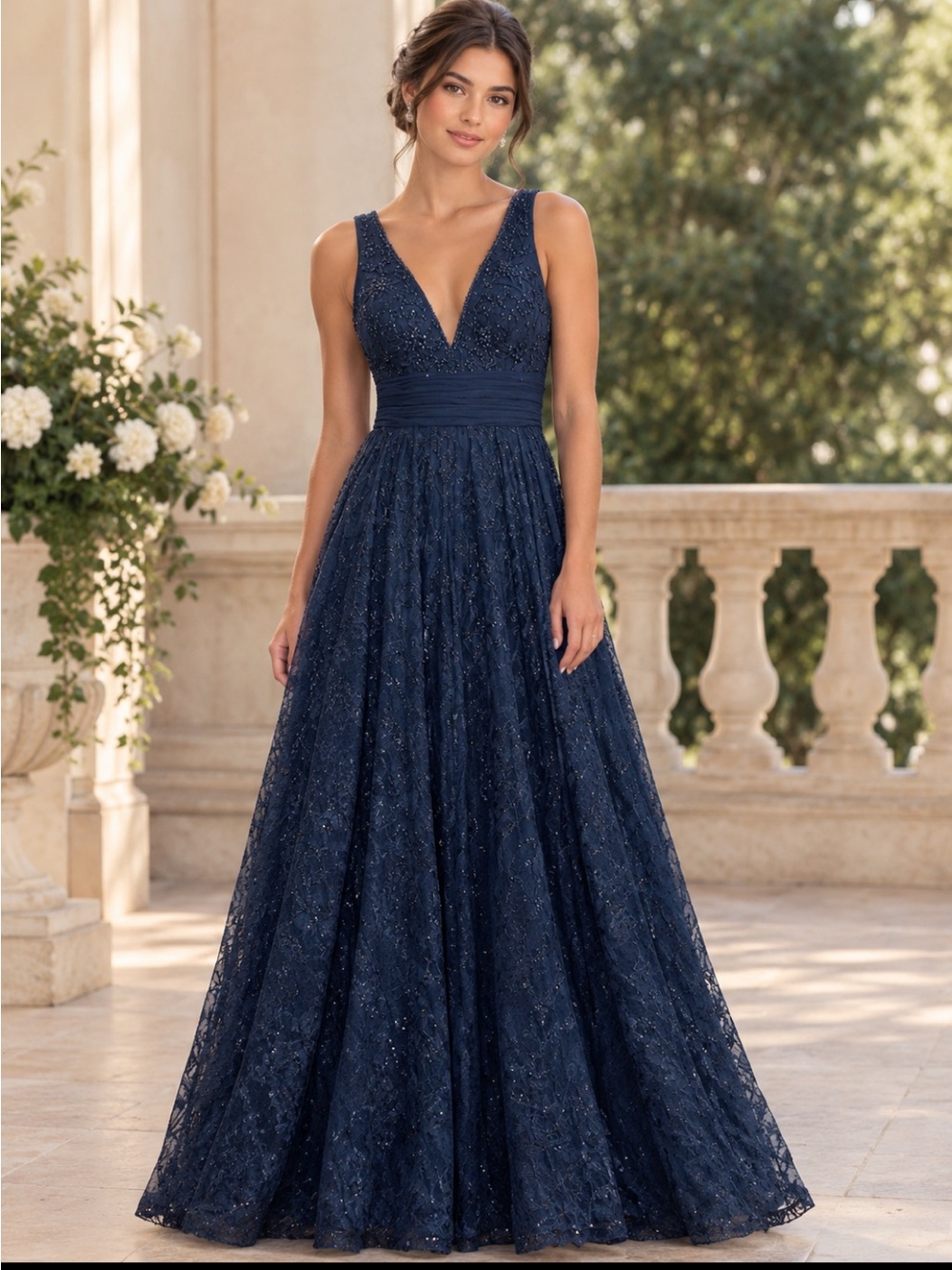 Montage by MonCheri Sleeveless beaded bodice V-Neck Navy Lace Evening Gown